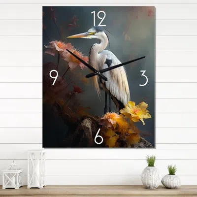 Design Art Portrait Of White Heron Wildlife Photography Ii - Animals Heron Wall Clock Oversized In White;gray;yellow