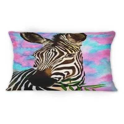Design Art Portrait On A Zebra On Pink And Blue - Traditional Printed Throw Pillow 1