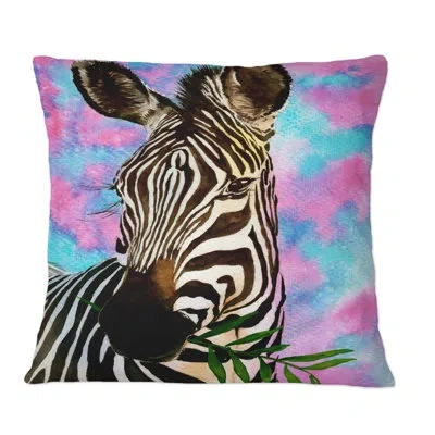 Design Art Portrait On A Zebra On Pink And Blue - Traditional Printed Throw Pillow In Blue;black;brown;green;red;yellow