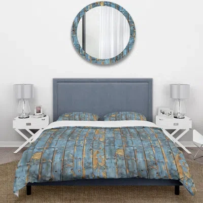 Design Art Powder Blue And Gold Barn Wood I - Farmhouse Duvet Cover Set In Blue;gold