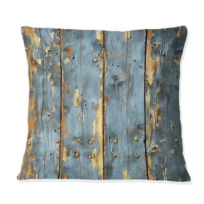 Design Art Powder Blue And Gold Barn Wood Ii - Farmhouse Pillow In Blue;gold
