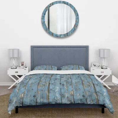 Design Art Powder Blue And Silver Barn Wood I - Farmhouse Duvet Cover Set In Blue;gold