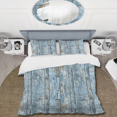 Design Art Powder Blue And Silver Barn Wood Ii - Farmhouse Duvet Cover Set In Blue;gold