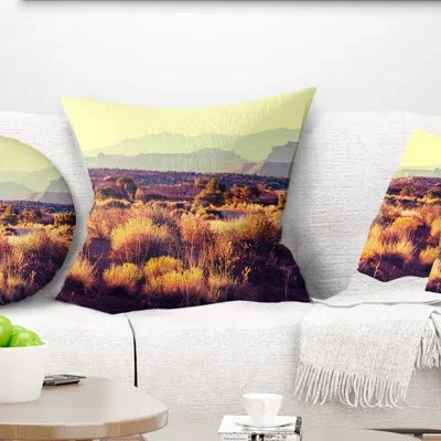 Design Art Prairie With Layers Of Mountains - Landscape Printed Pillow In Yellow