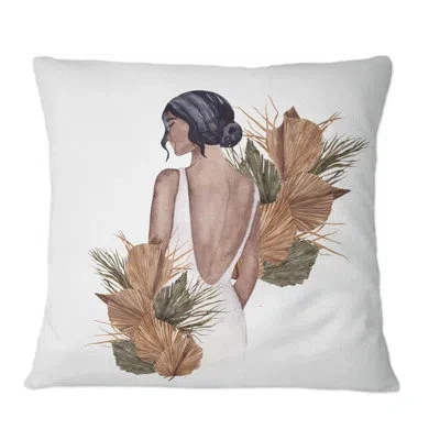 Design Art Pretty Bride And Flowers - Glam Printed Throw Pillow In Brown