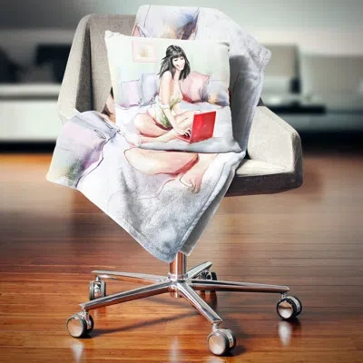 Design Art Pretty Woman With Laptop - Portrait Printed Pillow In White