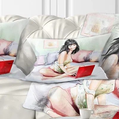 Design Art Pretty Woman With Laptop - Portrait Printed Throw Pillow