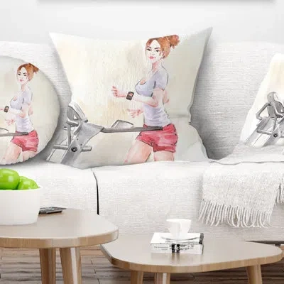 Design Art Pretty Workout With Fitness Watch - Portrait Printed Pillow In Red;purple