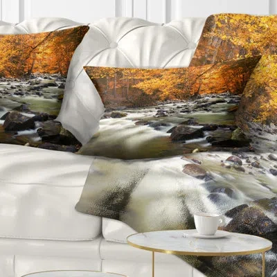 Design Art Printed Autumn Terrai With Trees And River Lumbar Pillow