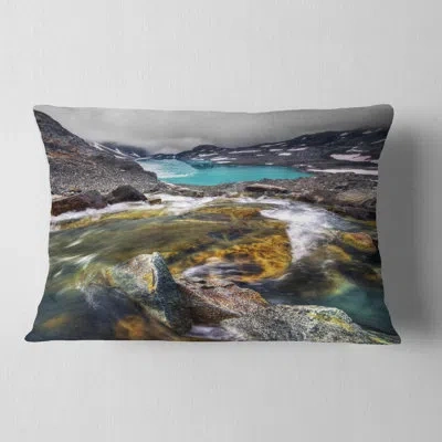Design Art Printed Mountain Creek Flowing Into Lake Lumbar Pillow