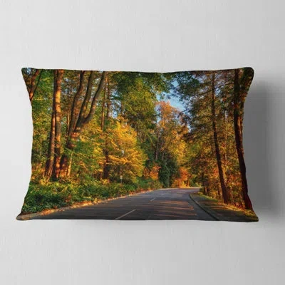 Design Art Printed Road Through Lit Up Fall Forest Lumbar Pillow