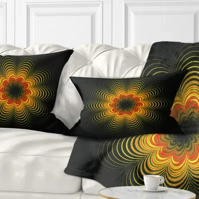 Design Art Psychedelic Yellow Fractal Flower - Floral Printed Throw Pillow