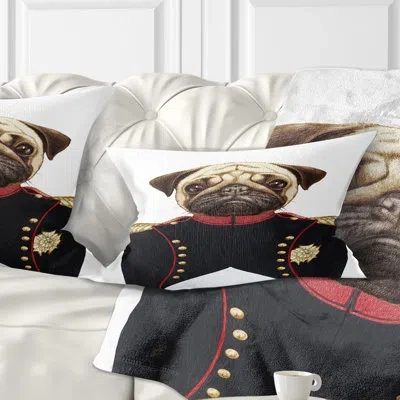 Design Art Pug Dog In Military Uniform - Animal Printed Throw Pillow In Black;white