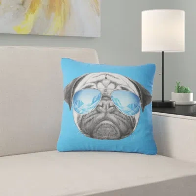Design Art Pug Dog With Mirror Sunglasses - Animal Printed Pillow In Blue