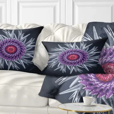 Design Art Purple Abstract 3d Flower On Black - Floral Printed Throw Pillow