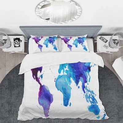 Design Art Purple And Blue Map Of The World - Modern Duvet Cover Set - Microfiber Polyester
