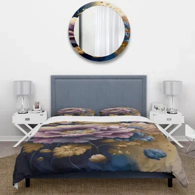 Design Art Purple And Blue Watercolor Flowers Iii - Floral Duvet Cover Set - Microfiber Polyester In Blue;purple;gold