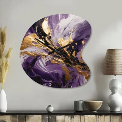 Design Art Purple And Gold Liquid Magic Ii - Abstract Unique Shape Metal Wall Clock, Modern Asymmetrical Wall C In Purple;gold