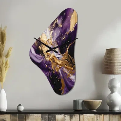 Design Art Purple And Gold Liquid Magic Iii - Abstract Unique Shape Metal Wall Clock, Purple Asymmetrical Wall  In Purple;gold