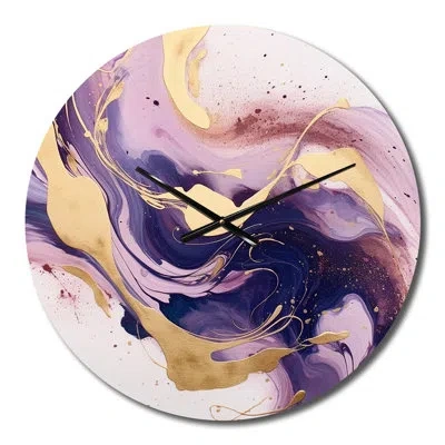 Design Art Purple And Gold Strokes I Metal Wall Clock In Blue;pink;gold