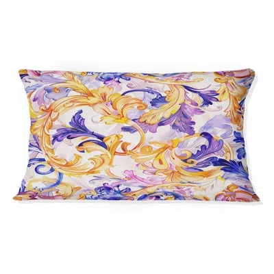 Design Art Purple And Gold Vintage Baroque Floral Glam Print I - Glam Lumbar Pillow In Purple;gold