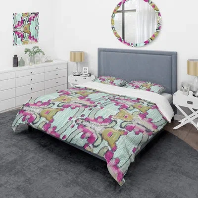 Design Art Purple And Green Flower Ikat - Patterned Duvet Cover Set In Purple,yellow