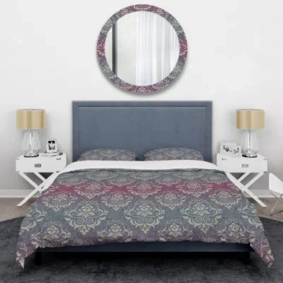 Design Art Purple And Grey Damask - Abstract Duvet Cover Set - Microfiber Polyester