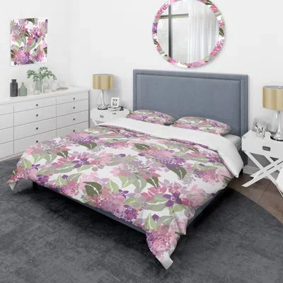 Design Art Purple And Pink Flowers - Floral Duvet Cover Set - Microfiber Polyester In White,pink,green