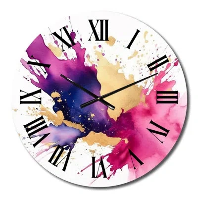 Design Art Purple And Pink Strokes Vii Metal Wall Clock In Yellow;pink;purple