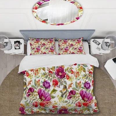 Design Art Purple And Red Flower - Cabin & Lodge Duvet Cover Set In Red;purple