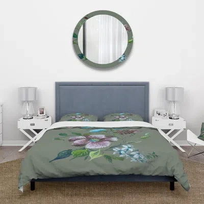 Design Art Purple And Turquoise Spring Flowers - Traditional Duvet Cover Set - Microfiber Polyester In Green,blue,purple