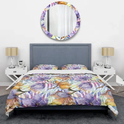 Design Art Purple And Yellow Flowers - Cabin & Lodge Duvet Cover Set In Yellow;purple
