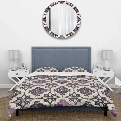 Design Art Purple Beige Rustle Tiles Farmhouse - Farmhouse Duvet Cover Set In Beige;purple