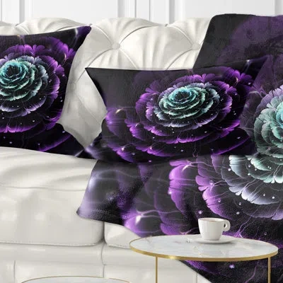 Design Art Purple Blue Fractal Flower Digital Art - Floral Printed Throw Pillow