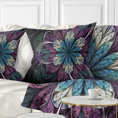 Design Art Purple Blue Rounded Fractal Flower - Floral Printed Pillow
