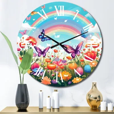 Design Art Purple Butterfles Idyllic Rainbow Flowerfield Metal Wall Clock In Multi-color