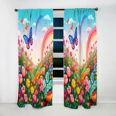Design Art Purple Butterfles Paradise Rainbow Flowerfield Iii - Animals Velvet Curtain - 1 Panel In Pink