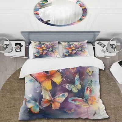 Design Art Purple Butterflies In The Air - Butterfly Duvet Cover Set - Microfiber Polyester In Orange;purple