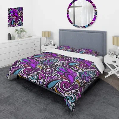 Design Art Purple Floral Paisley - Abstract Duvet Cover Set - Microfiber Polyester In Purple,blue
