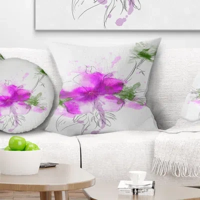 Design Art Purple Flower Sketch With Stem - Floral Printed Pillow