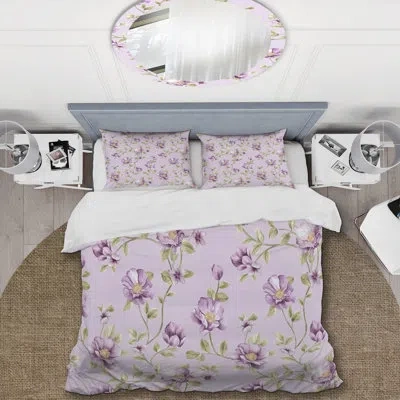 Design Art Purple Flowers And Leaf - Cabin & Lodge Duvet Cover Set In Purple,green