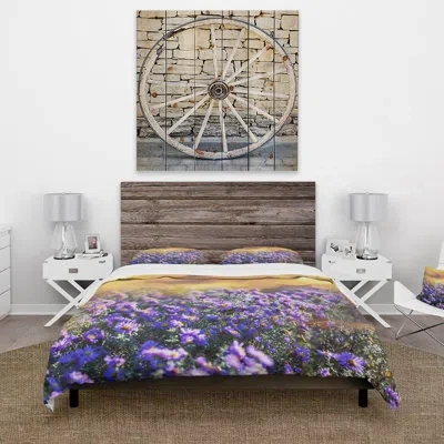 Design Art Purple Flowers On Brown Background - Floral Duvet Cover Set - Microfiber Polyester