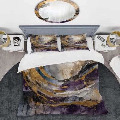 Design Art Purple Gold Captivating Liquid Ink - Abstract Marble Duvet Cover Set - Microfiber Polyester In Purple;gold