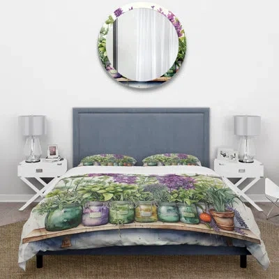 Design Art Purple Green Herbs Herbal Haven - Floral Duvet Cover Set - Microfiber Polyester In Green;purple