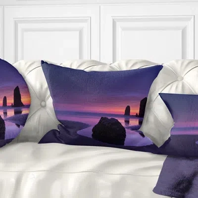 Design Art Purple Haystack Rock - Sea & Shore Printed Throw Pillow In Blue