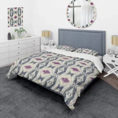 Design Art Purple Ikat Ogee - Abstract Duvet Cover Set - Microfiber Polyester In Purple,gray
