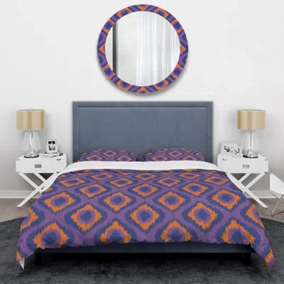 Design Art Purple Ikat Ogee - Abstract Duvet Cover Set - Microfiber Polyester In Purple,orange