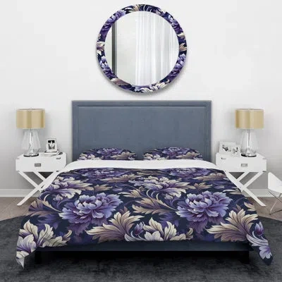 Design Art Purple Ornate Damask Peonies Opulence Duvet Cover Set In Blue;beige