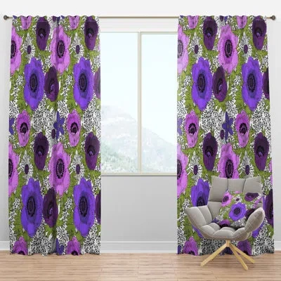 Design Art Purple Retro Fantasy Flowers - Mid-century Velvet Curtain - Room Darkening - 1 Panel