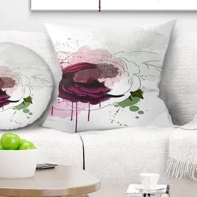 Design Art Purple Rose Sketch Watercolor - Floral Printed Pillow